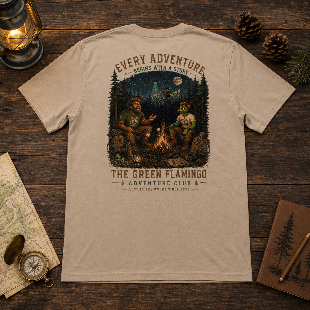 Tan Albie and Henry Expedition Club shirt back design in woodland flat lay