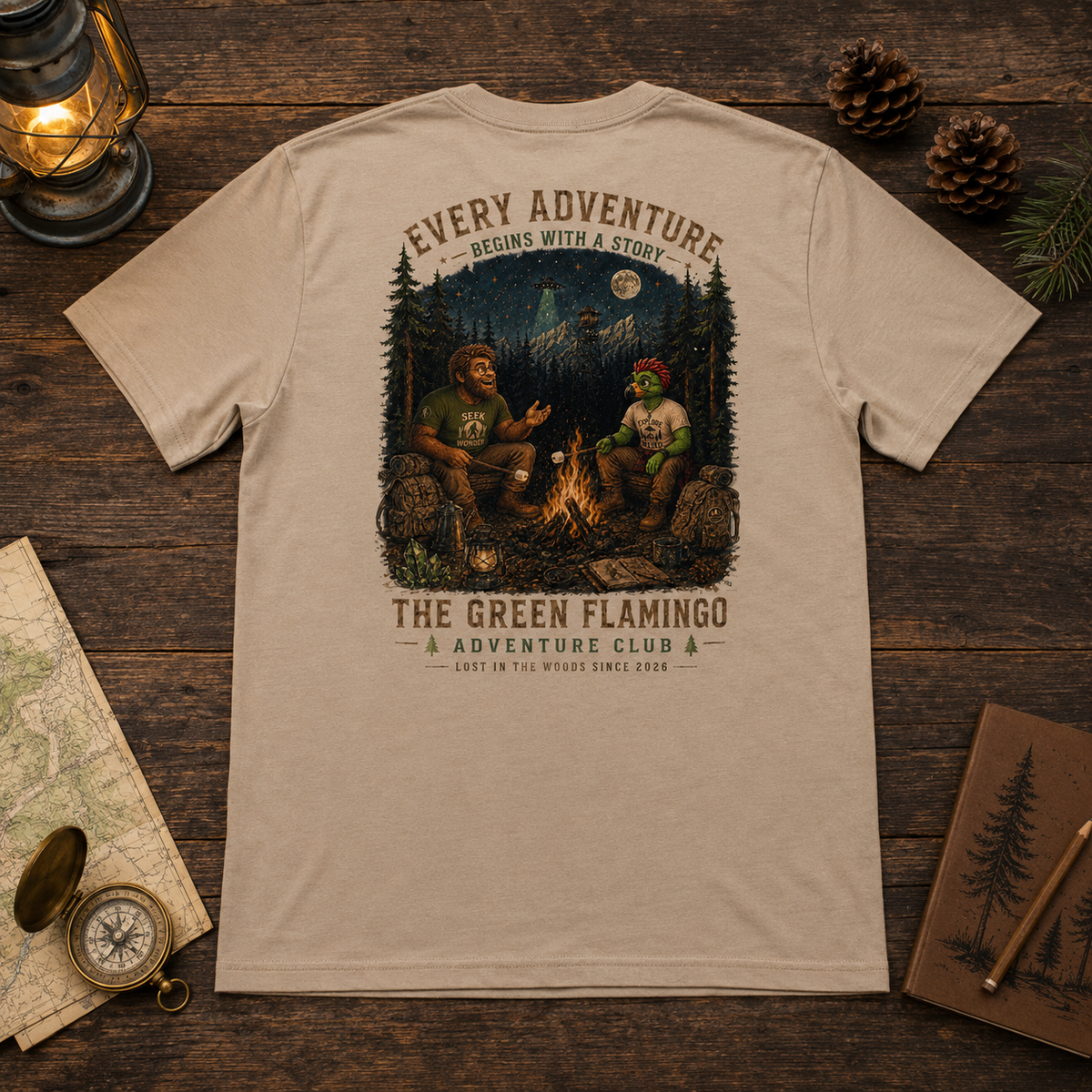 Tan Albie and Henry Expedition Club shirt back design in woodland flat lay