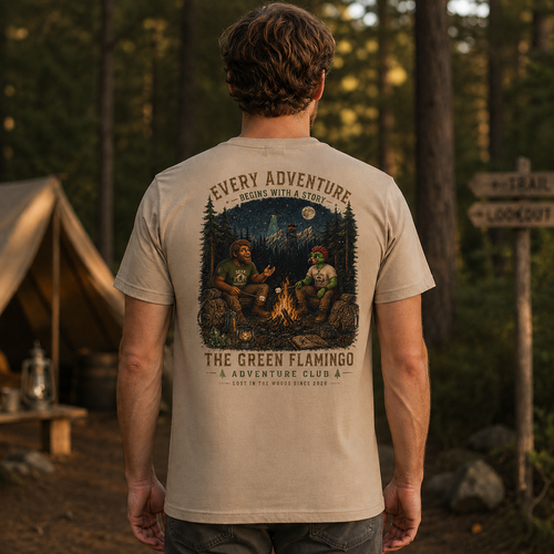 Male model wearing tan Albie and Henry Expedition Club shirt, back view