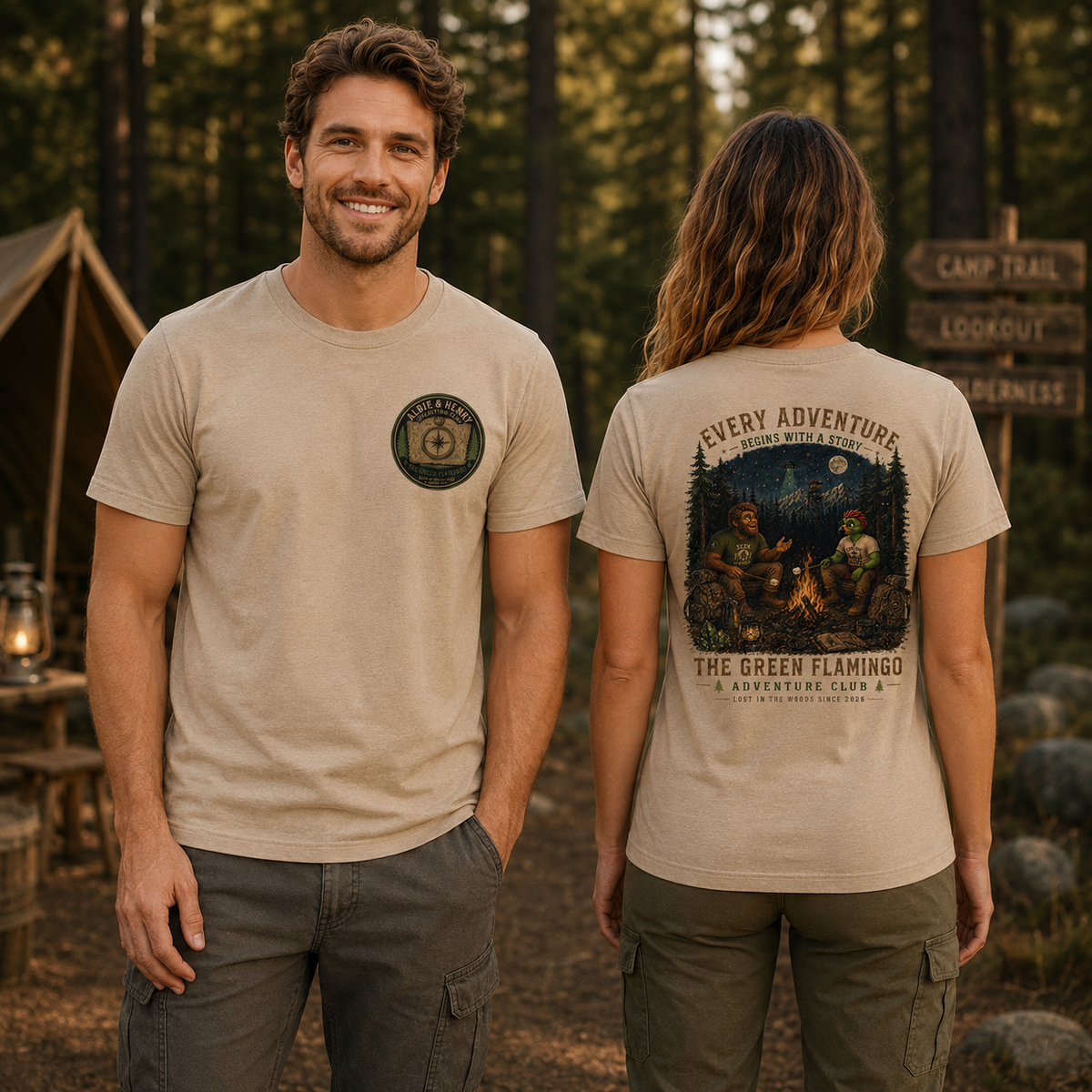 Male and female models showing front and back of tan Albie and Henry shirt