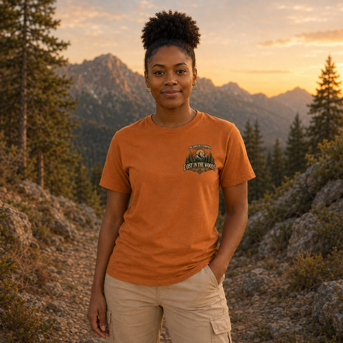 Female model wearing the Autumn Albie’s Elm Trail Bella+Canvas T-shirt with left-chest design