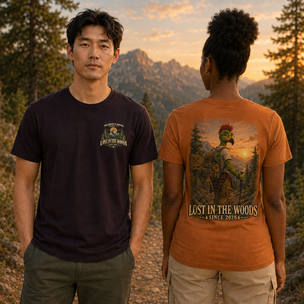 Male model showing the Oxblood Black front and female model showing the Autumn back of the Albie’s Elm Trail T-shirt