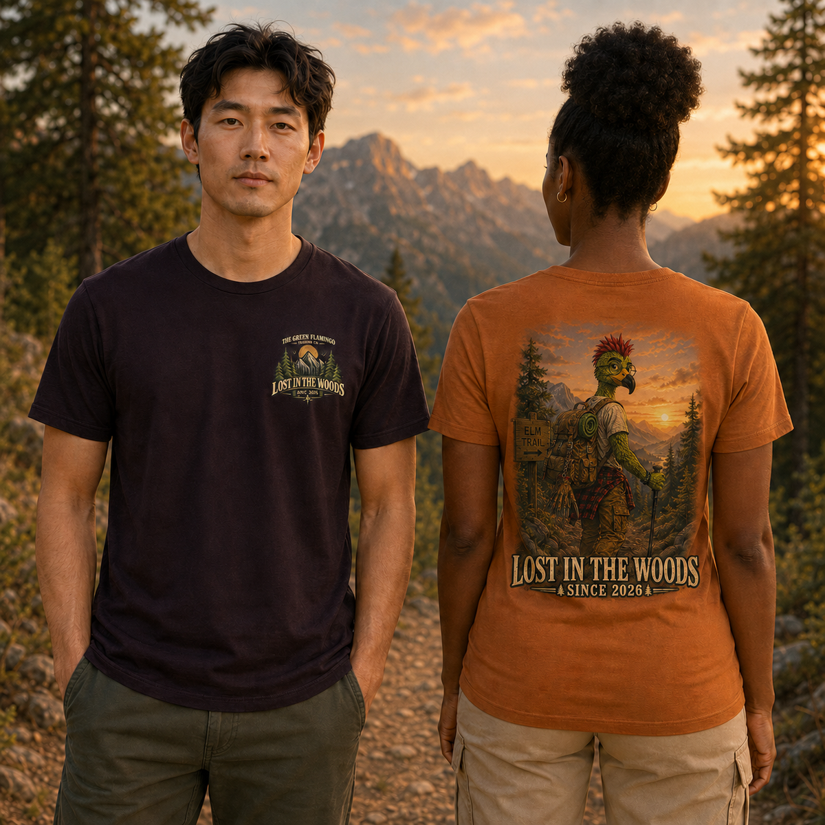 Male model showing the Oxblood Black front and female model showing the Autumn back of the Albie’s Elm Trail T-shirt