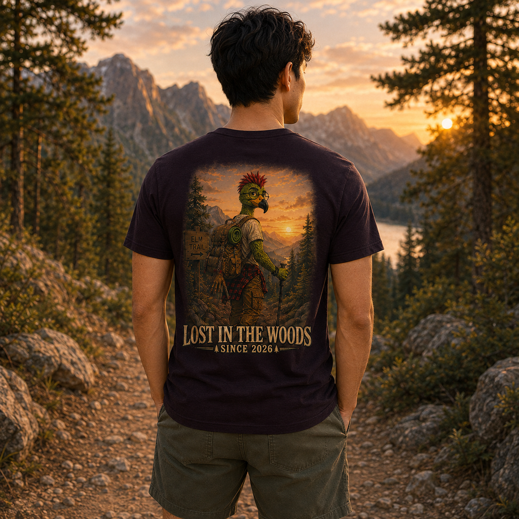 Male model wearing the Oxblood Black Albie’s Elm Trail Bella+Canvas T-shirt with full back design