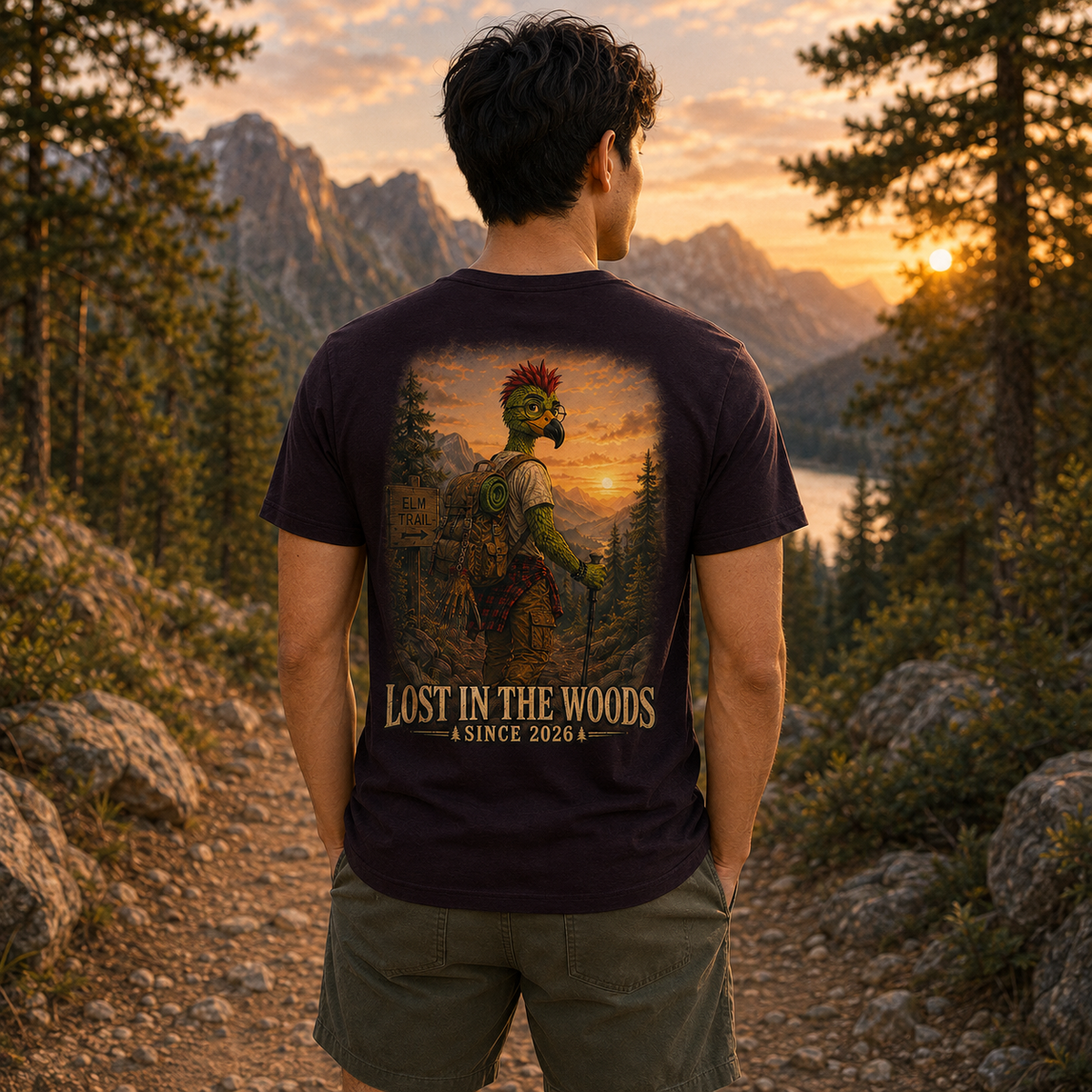 Male model wearing the Oxblood Black Albie’s Elm Trail Bella+Canvas T-shirt with full back design