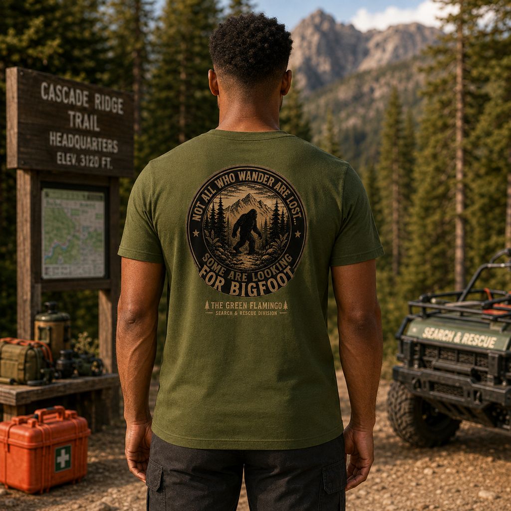 Male model wearing the Olive Looking for Bigfoot Search and Rescue Bella Canvas T-shirt, back view