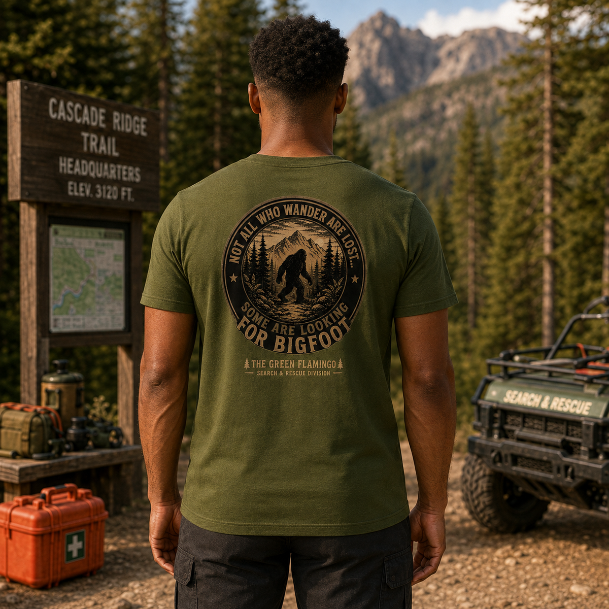 Male model wearing the Olive Looking for Bigfoot Search and Rescue Bella Canvas T-shirt, back view