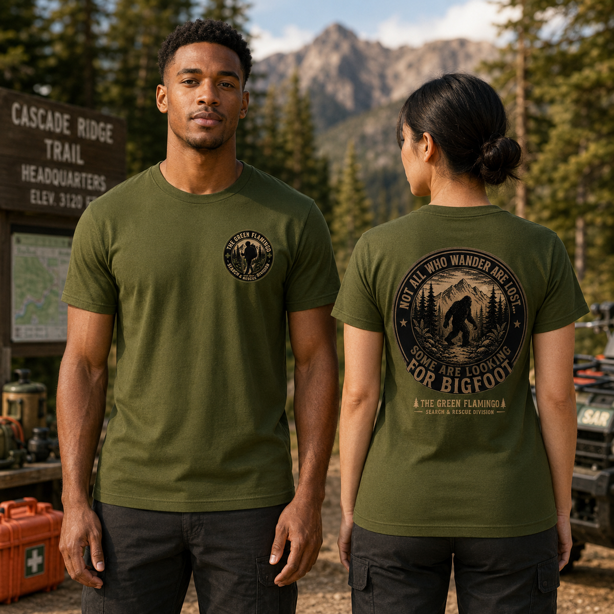 Male front and female back views of the Olive Looking for Bigfoot Search and Rescue T-shirt
