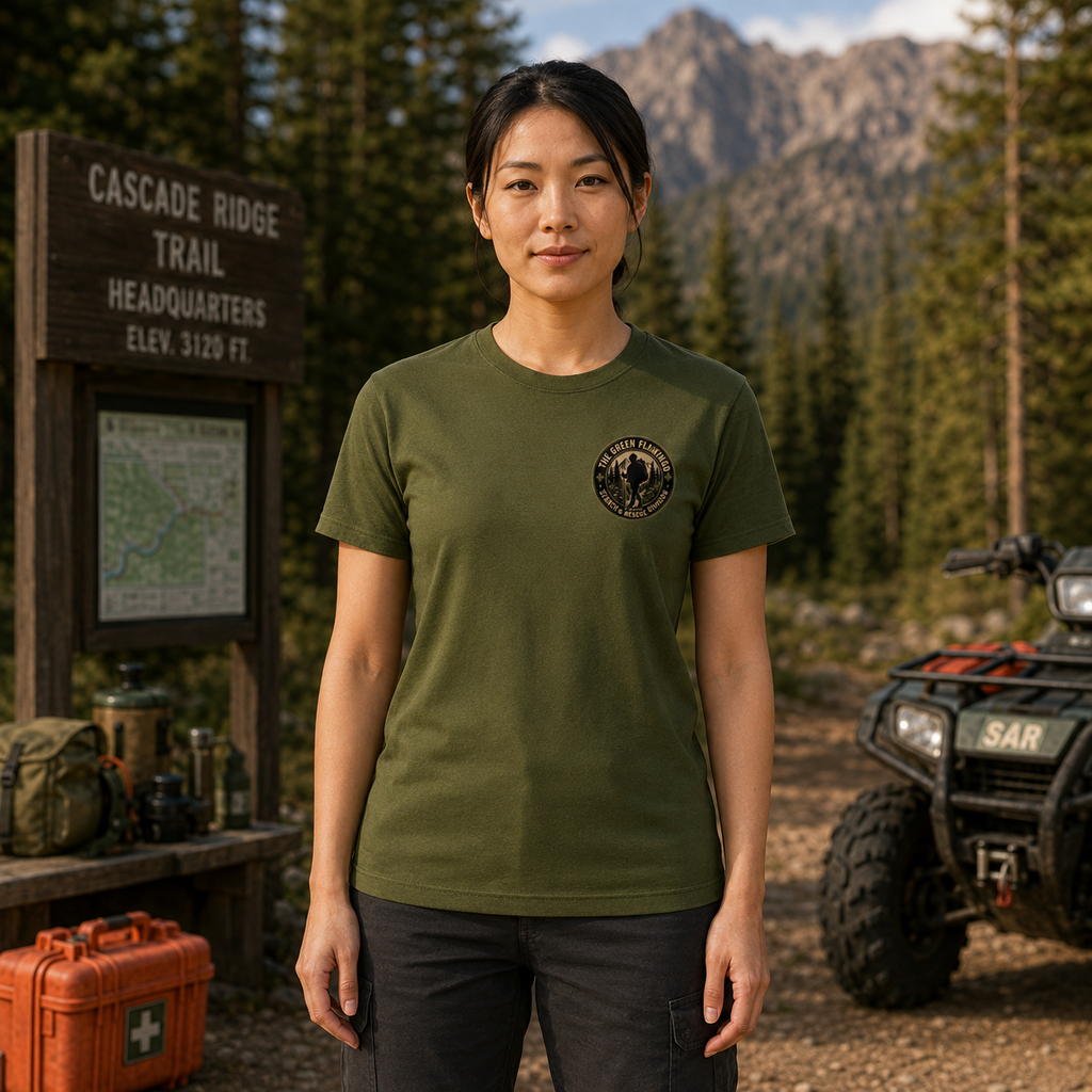 Female model wearing the Olive Looking for Bigfoot Search and Rescue Bella Canvas T-shirt, front view