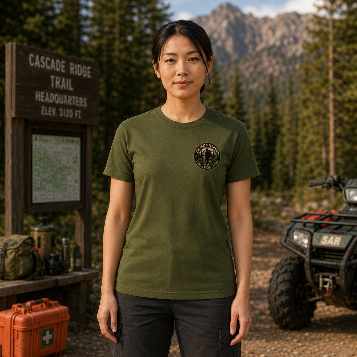 Female model wearing the Olive Looking for Bigfoot Search and Rescue Bella Canvas T-shirt, front view