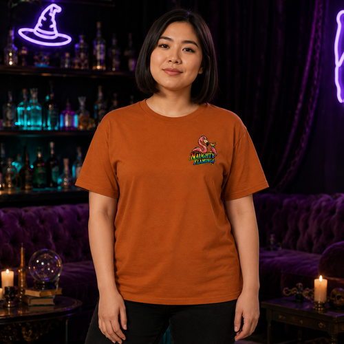 Female model wearing the Autumn Bubble Bubble unisex graphic T-shirt with Naughty Flamingo left-chest design