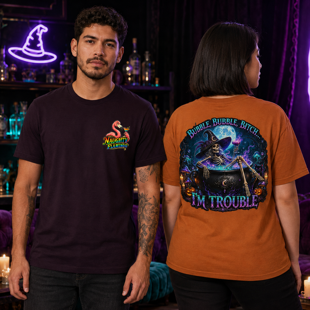 Male model showing the Oxblood Black front and female model showing the Autumn back of the Bubble Bubble T-shirt