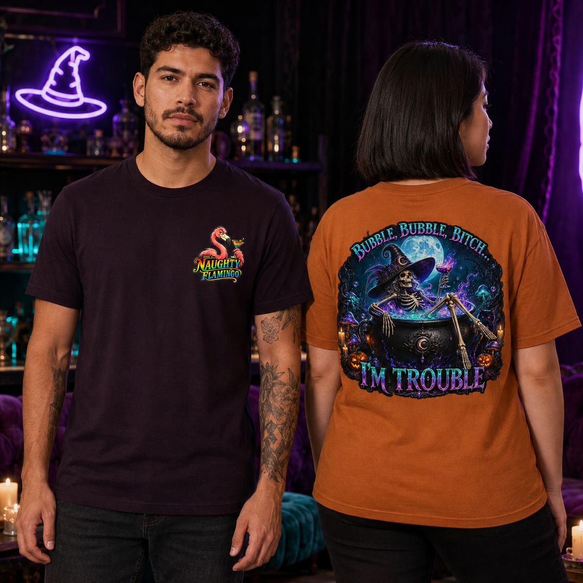 Male model showing the Oxblood Black front and female model showing the Autumn back of the Bubble Bubble T-shirt
