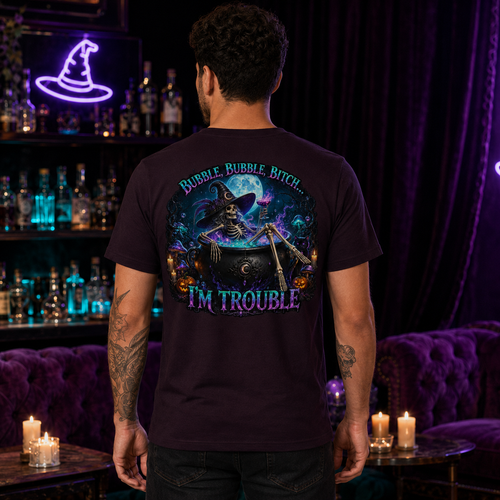 Male model wearing the Oxblood Black Bubble Bubble unisex graphic T-shirt with full witch back design