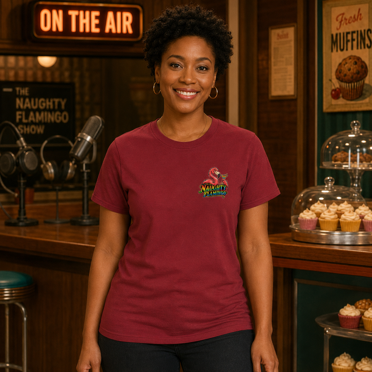 Cherry Muffin Cardinal T-shirt front on female model