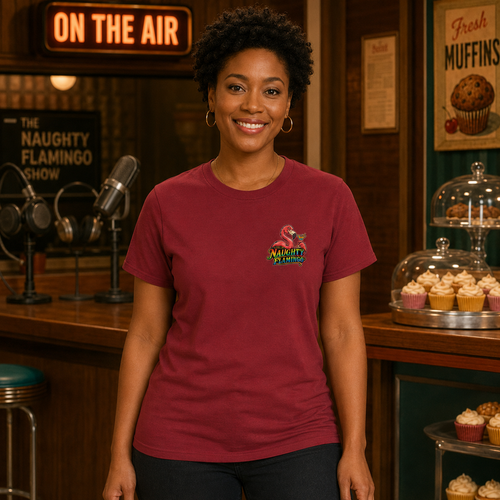 Cherry Muffin Cardinal T-shirt front on female model