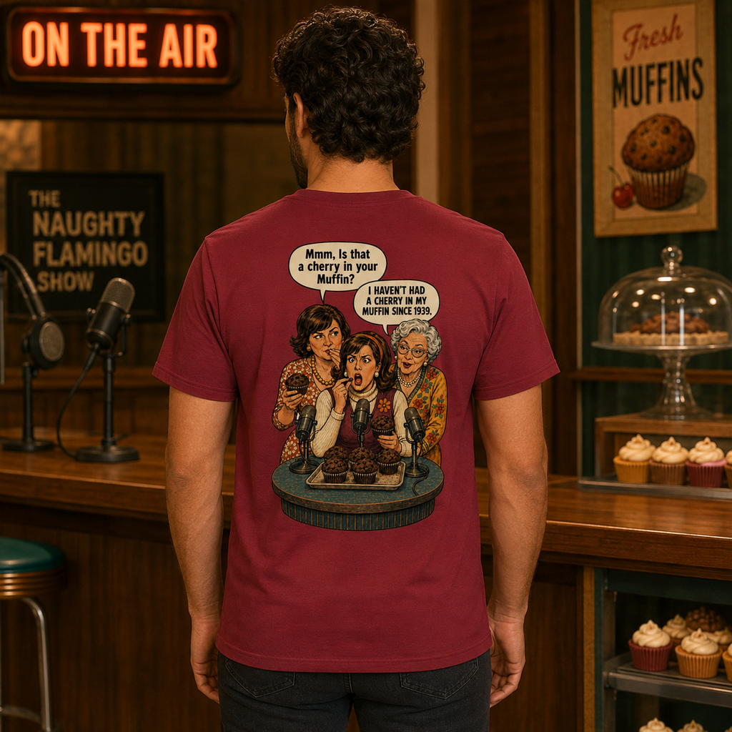 Cherry Muffin Cardinal T-shirt back on male model