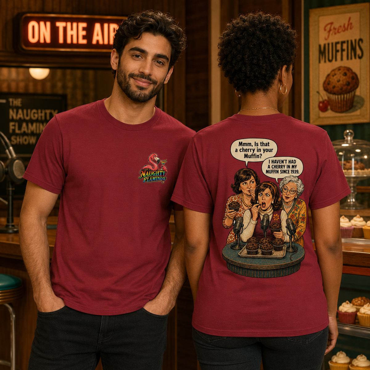 Cherry Muffin Cardinal T-shirt front and back on male and female models