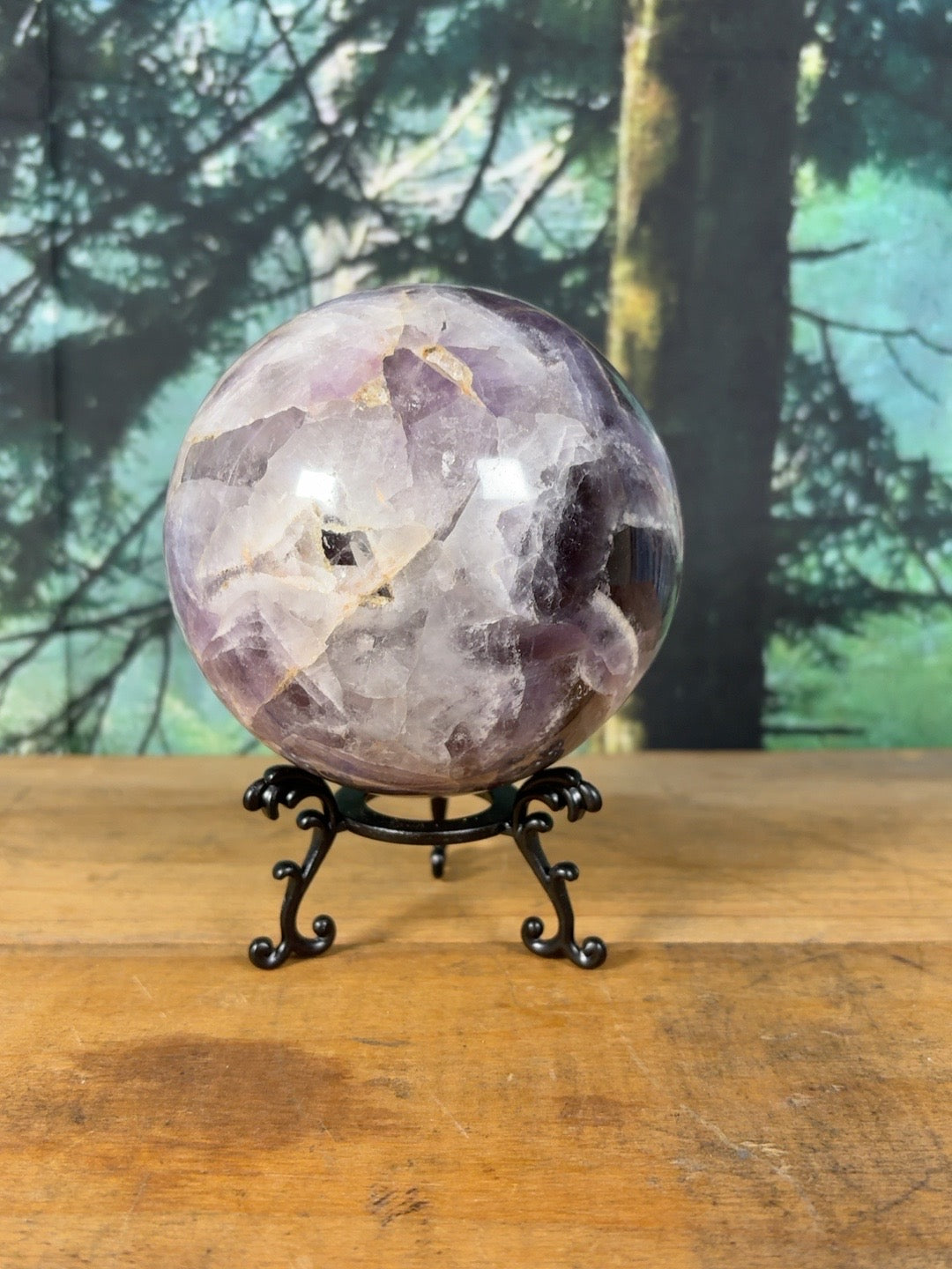 Chevron amethyst sphere showing natural quartz inclusions – view 5