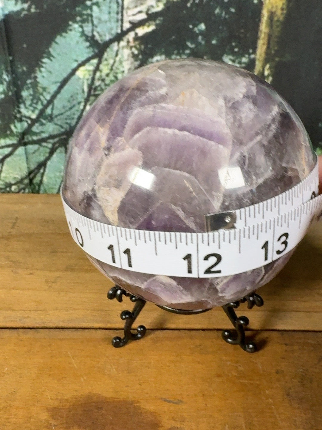 Chevron amethyst sphere measuring approximately 13 inches in circumference