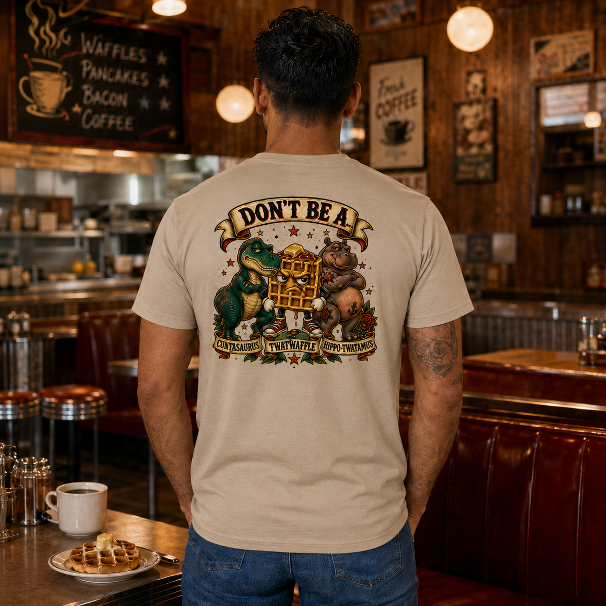 Man modeling the Tan T-shirt back with Don’t Be A character artwork