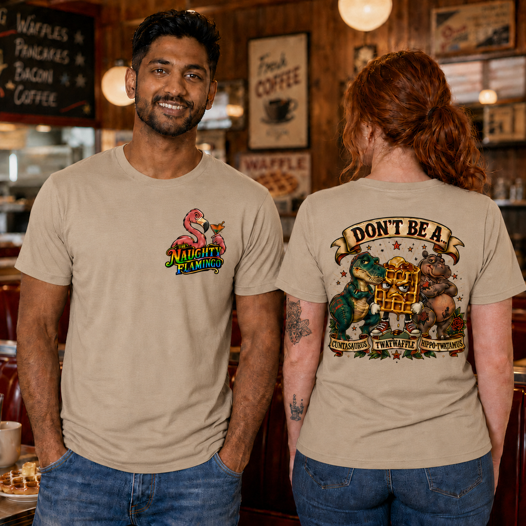 Tan unisex T-shirt shown from the front and back with Naughty Flamingo graphics
