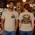 Tan unisex T-shirt shown from the front and back with Naughty Flamingo graphics