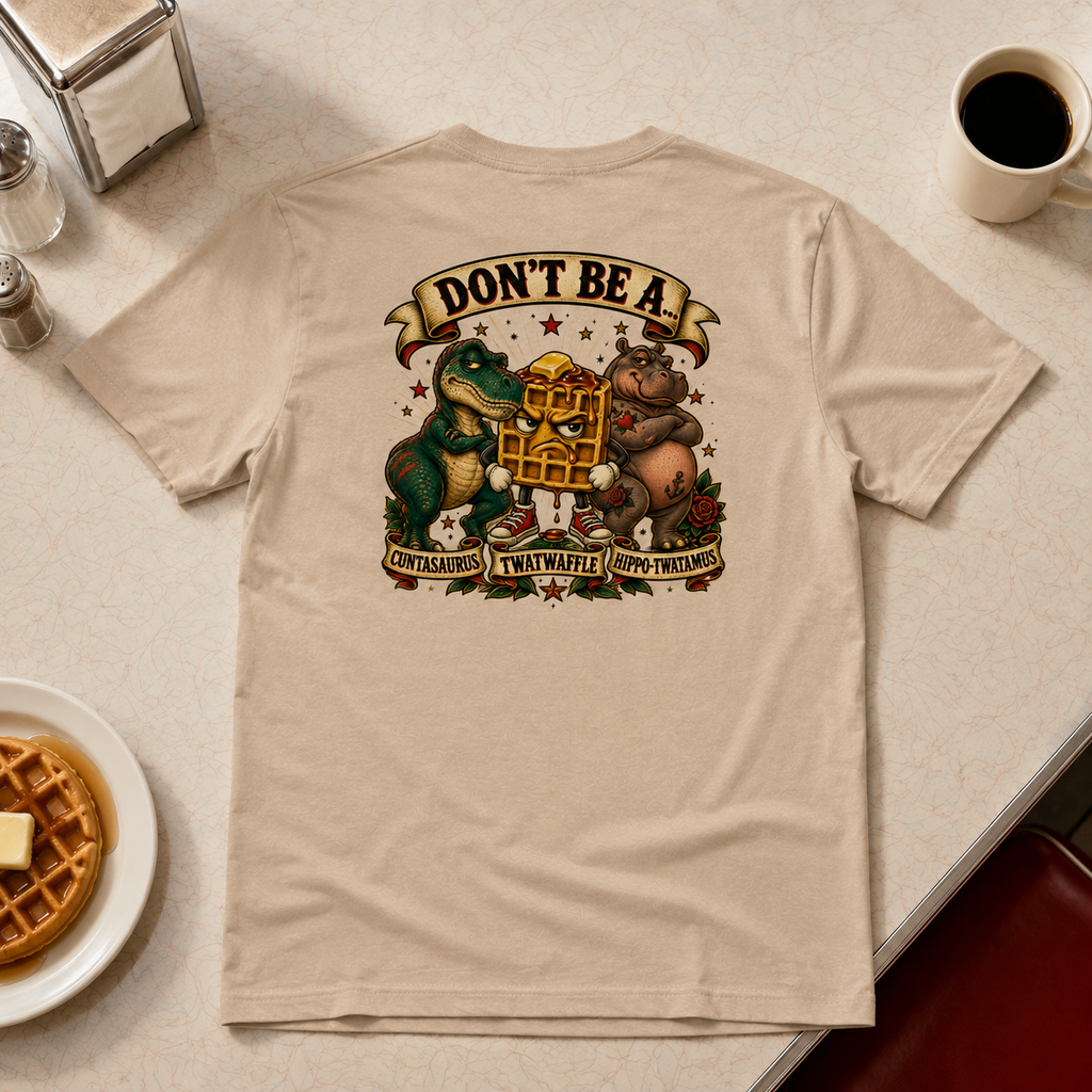 Tan T-shirt tabletop back view with Don’t Be A character artwork