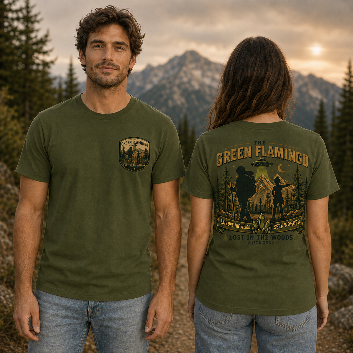Male and female models showing front and back of Olive Explore the Weird shirt