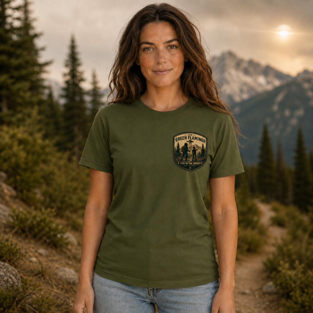 Female model wearing Olive Explore the Weird Seek Wonder shirt, front view