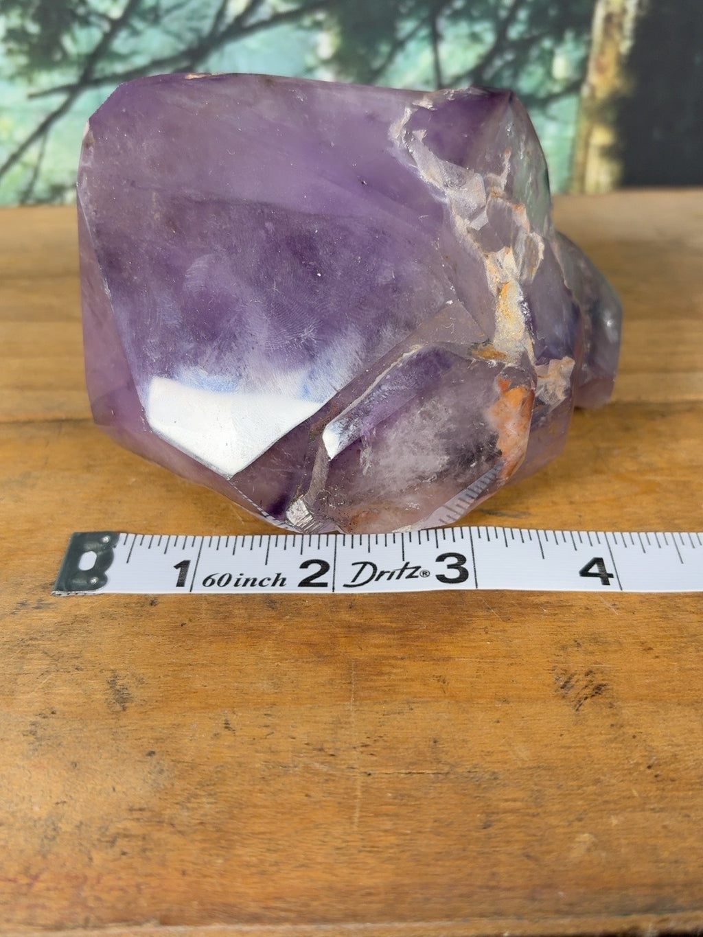 Amethyst cluster measurement view, approximately 3.75 inches wide