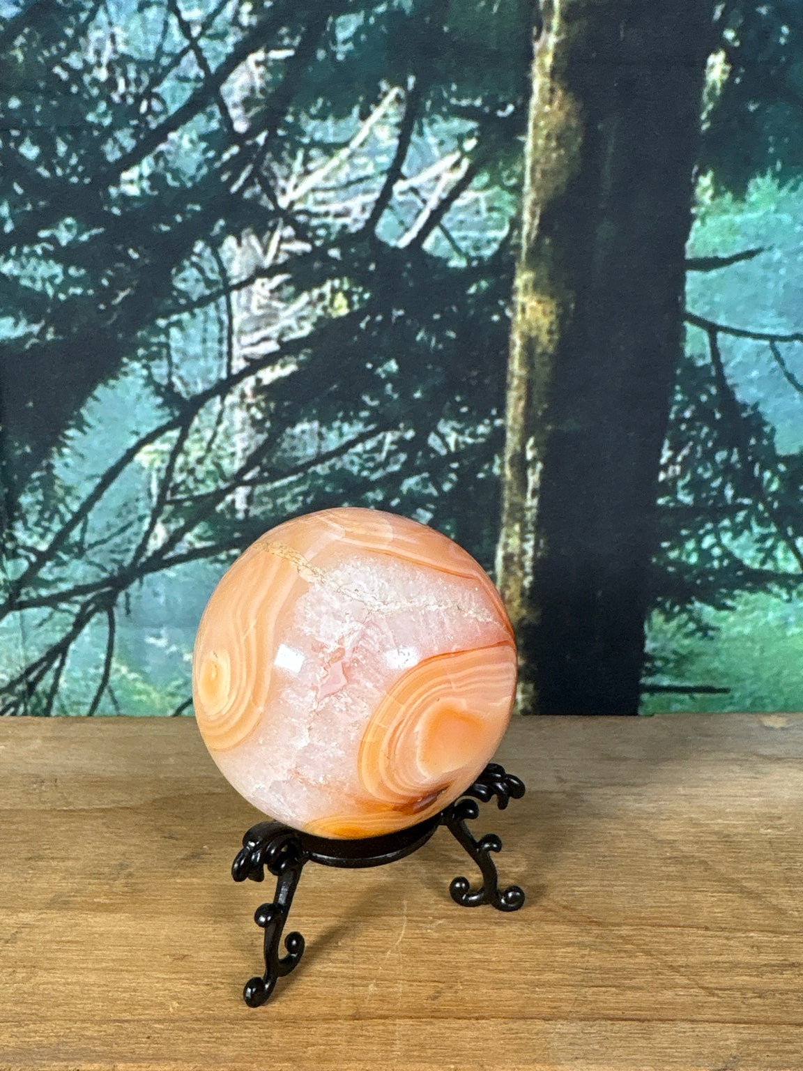 Peach banded Carnelian Agate druzy sphere front view