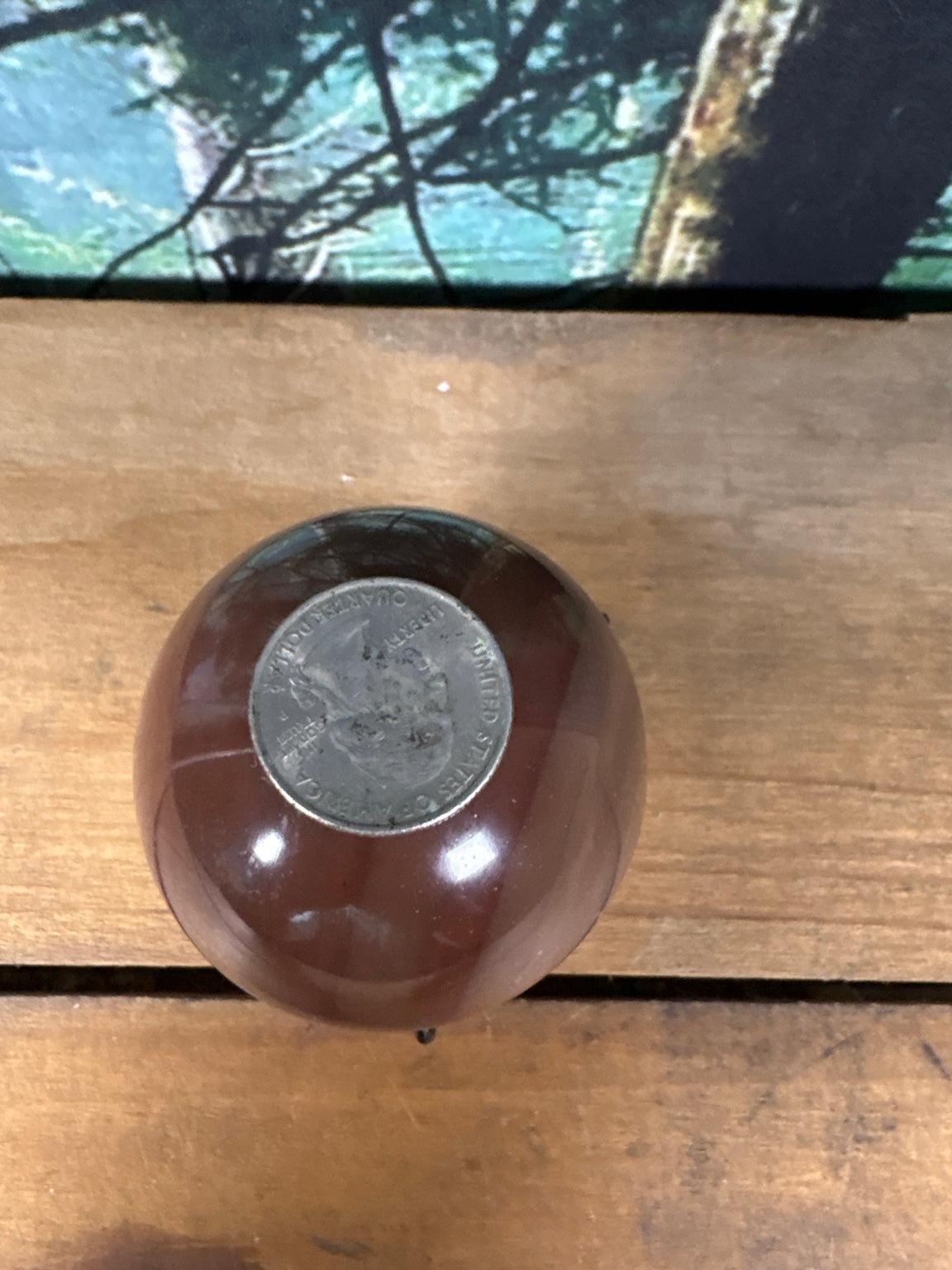 Chocolate Calcite sphere quarter coin scale view
