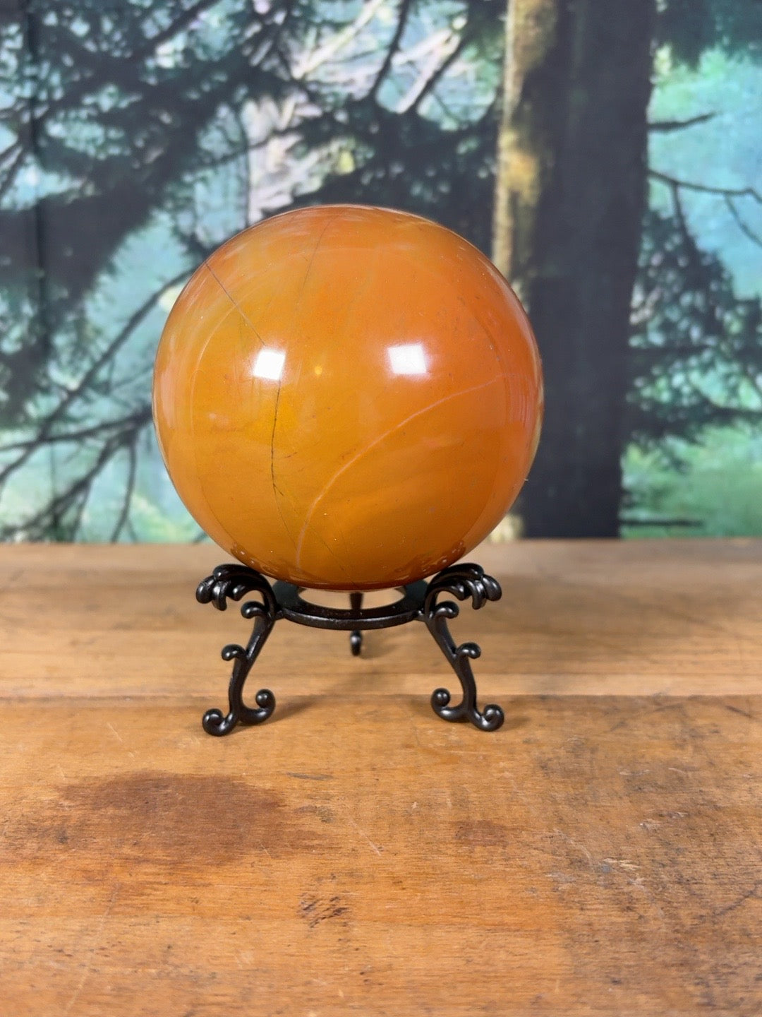 Polychrome Jasper crystal sphere with warm orange and mustard landscape patterns