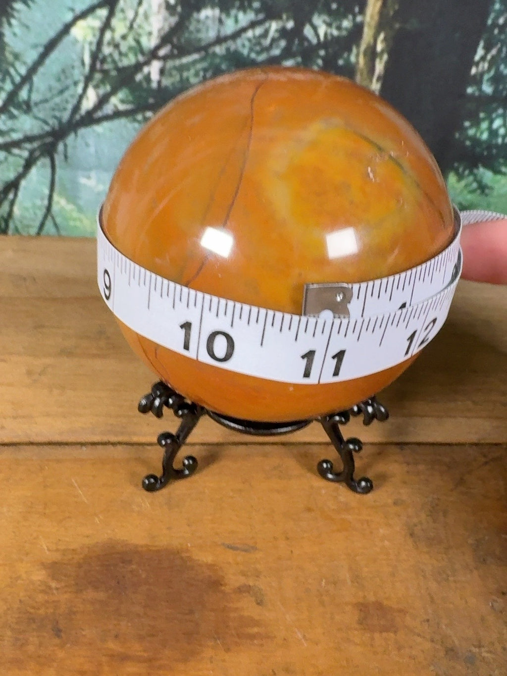 Polychrome Jasper sphere measurement view, approximately 3.5 inches diameter
