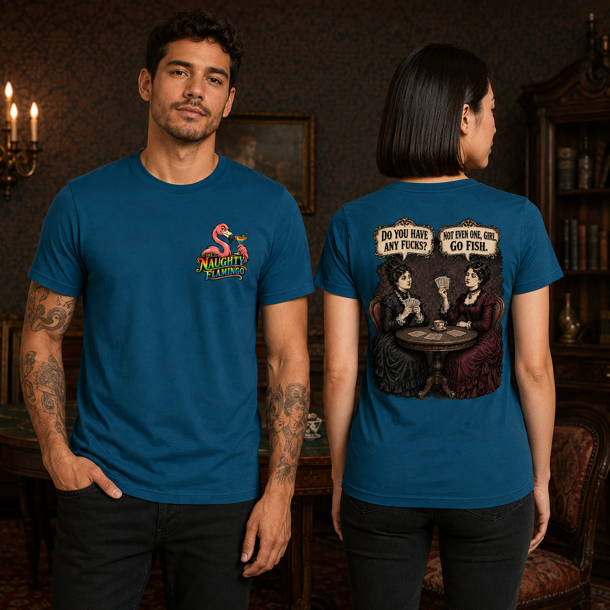 Go Fish Deep Teal unisex graphic T-shirt male front and female back
