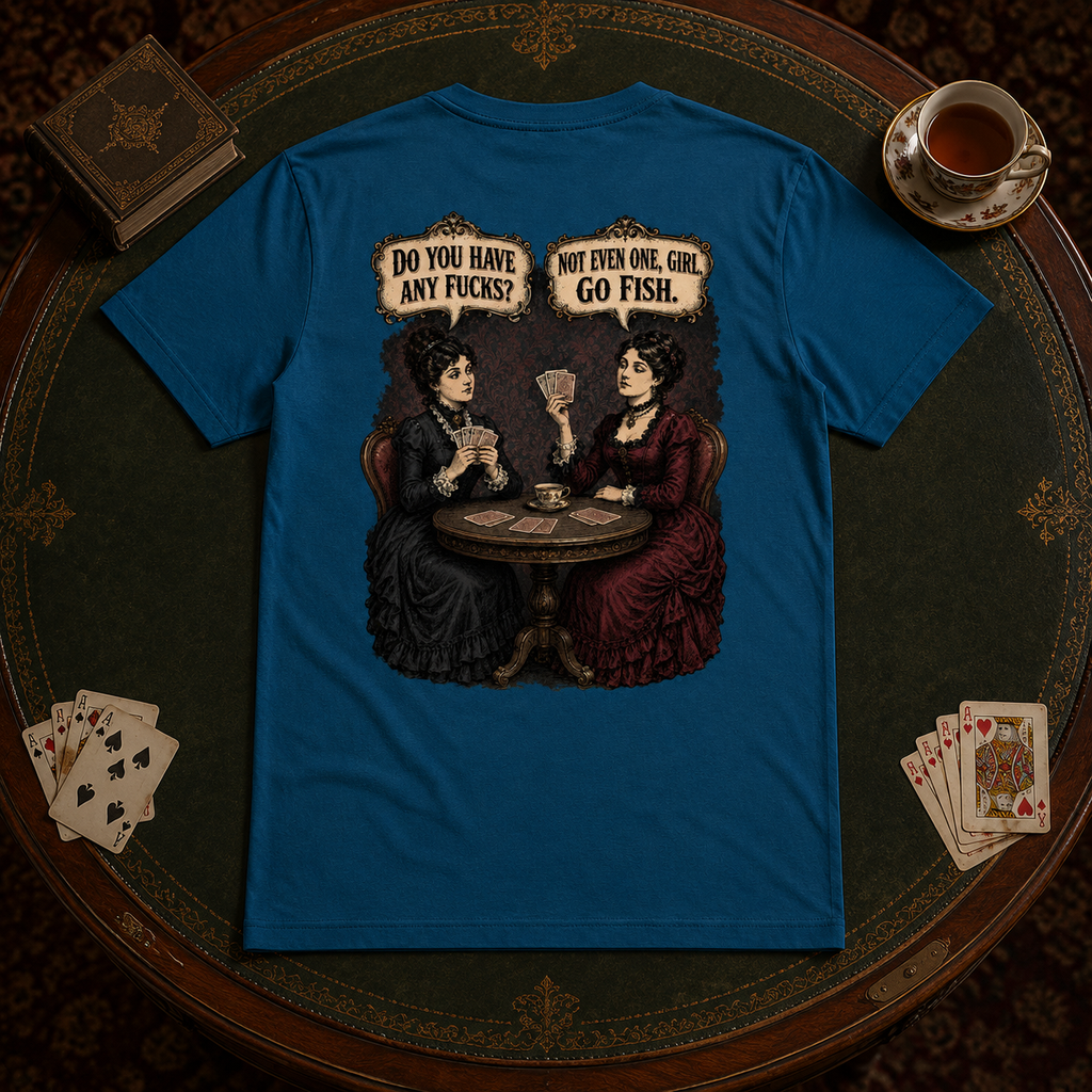 Go Fish Deep Teal unisex graphic T-shirt staged tabletop back