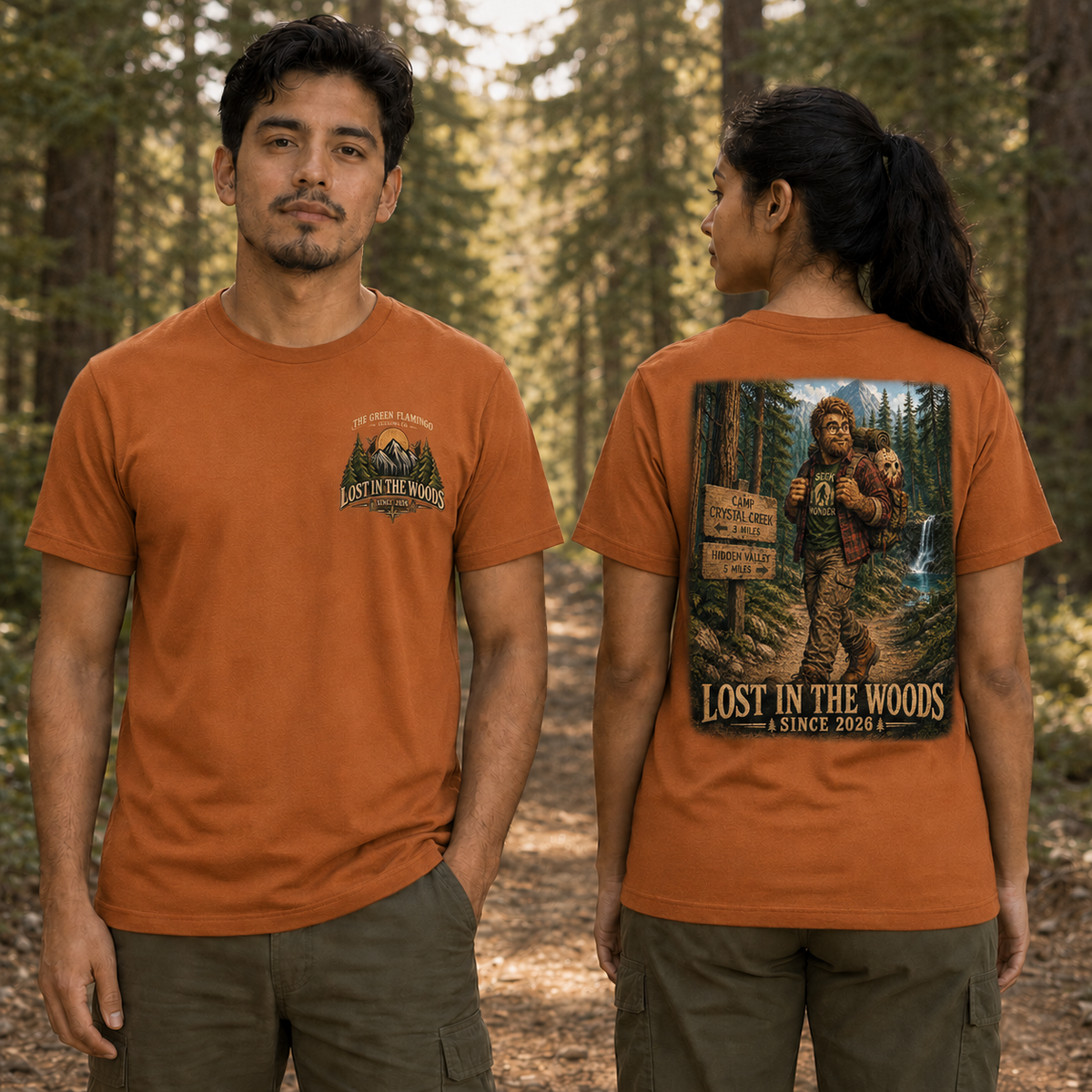 Male front and female back views of the Autumn Henry’s Crystal Lake Camp Bella Canvas T-shirt