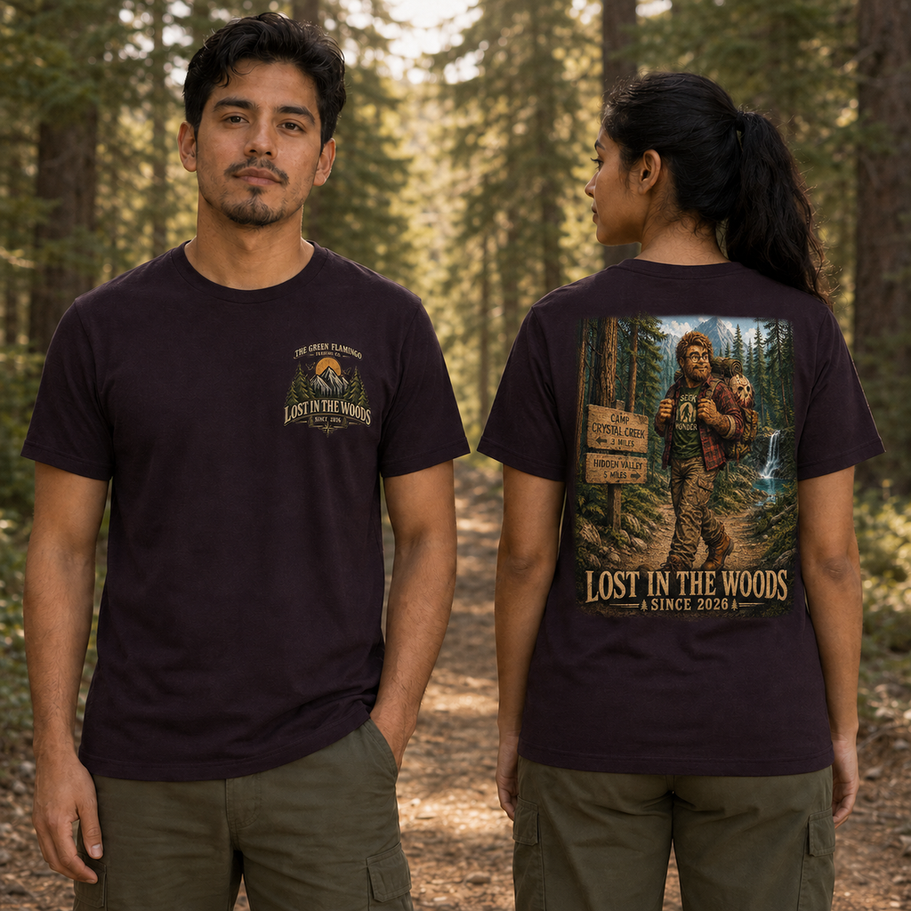 Male front and female back views of the Oxblood Black Henry’s Crystal Lake Camp T-shirt