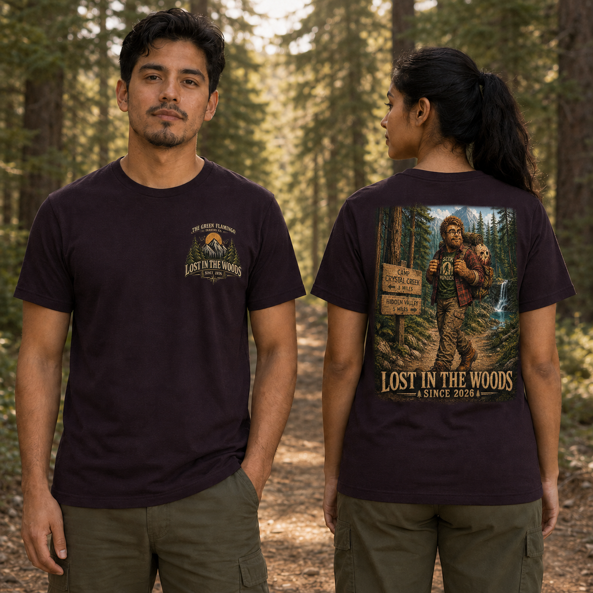 Male front and female back views of the Oxblood Black Henry’s Crystal Lake Camp T-shirt