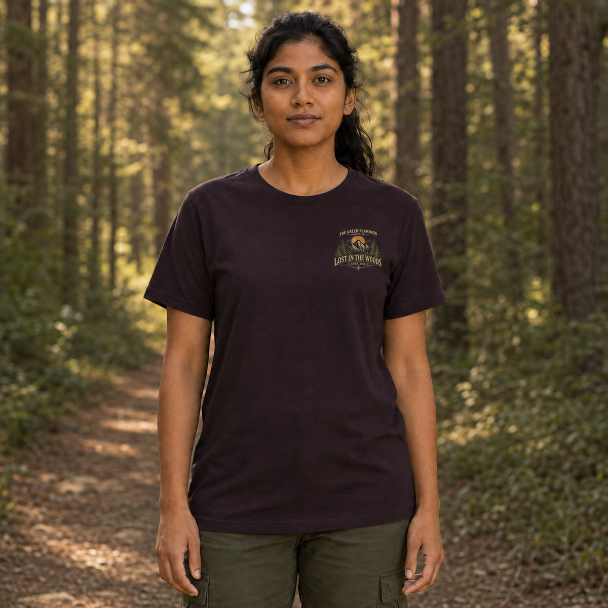 Female model wearing the Oxblood Black Henry’s Crystal Lake Camp Bella Canvas T-shirt, front view
