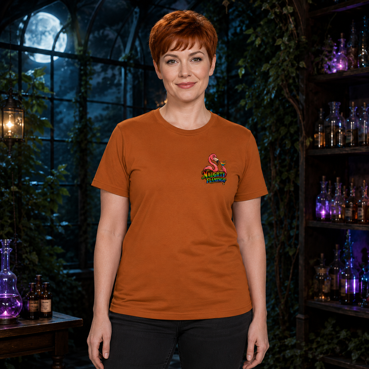 Female model wearing the Hocus Pocus unisex graphic T-shirt in Autumn, front view
