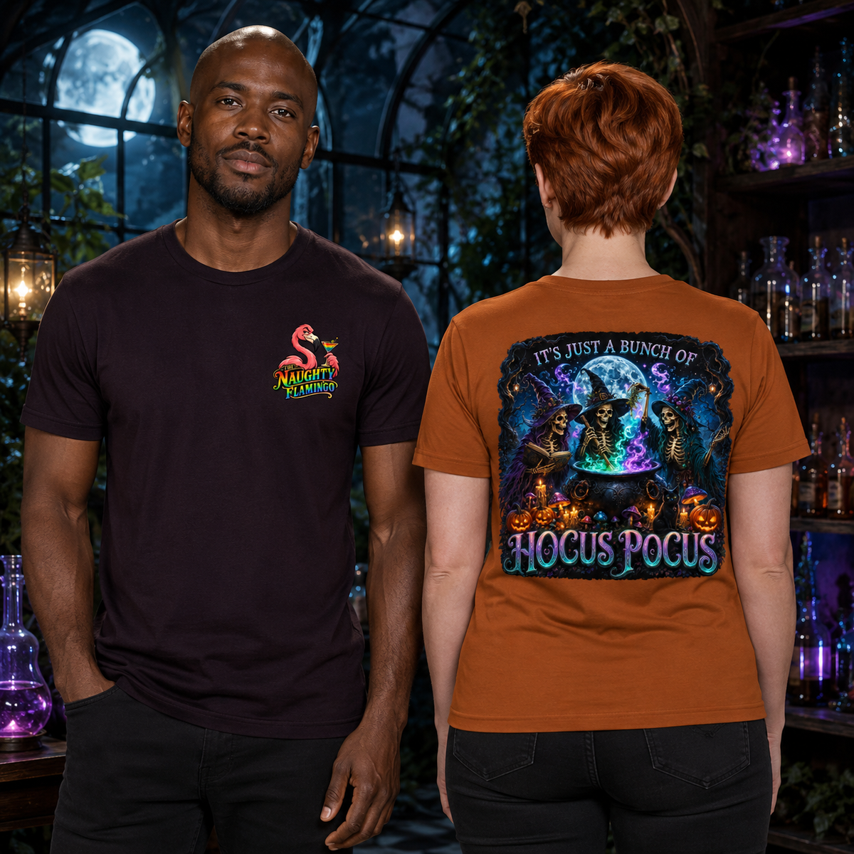 Male and female models showing the front and back of the Hocus Pocus unisex graphic T-shirt