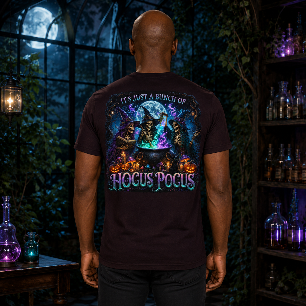 Male model wearing the Hocus Pocus unisex graphic T-shirt in Oxblood Black, back view