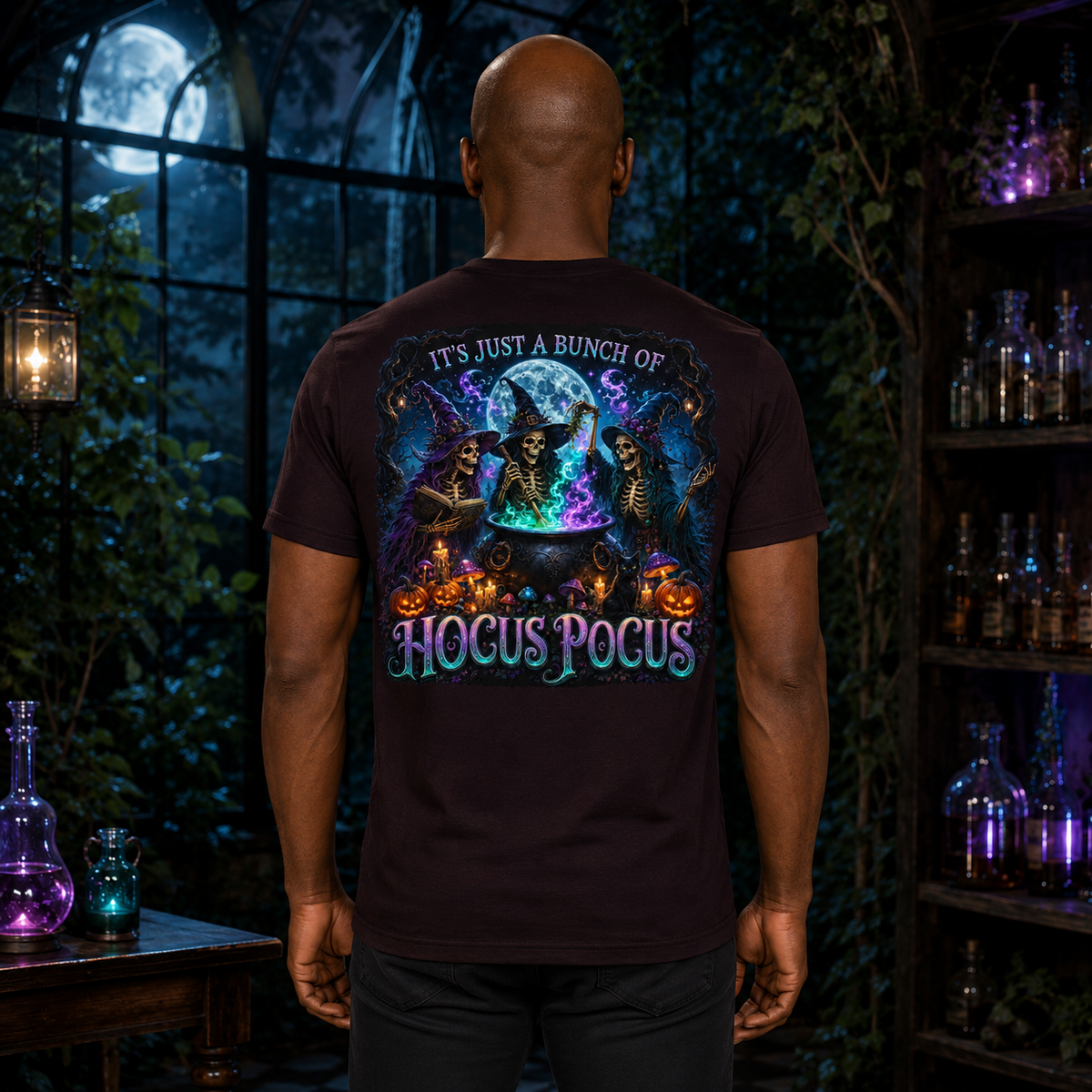 Male model wearing the Hocus Pocus unisex graphic T-shirt in Oxblood Black, back view