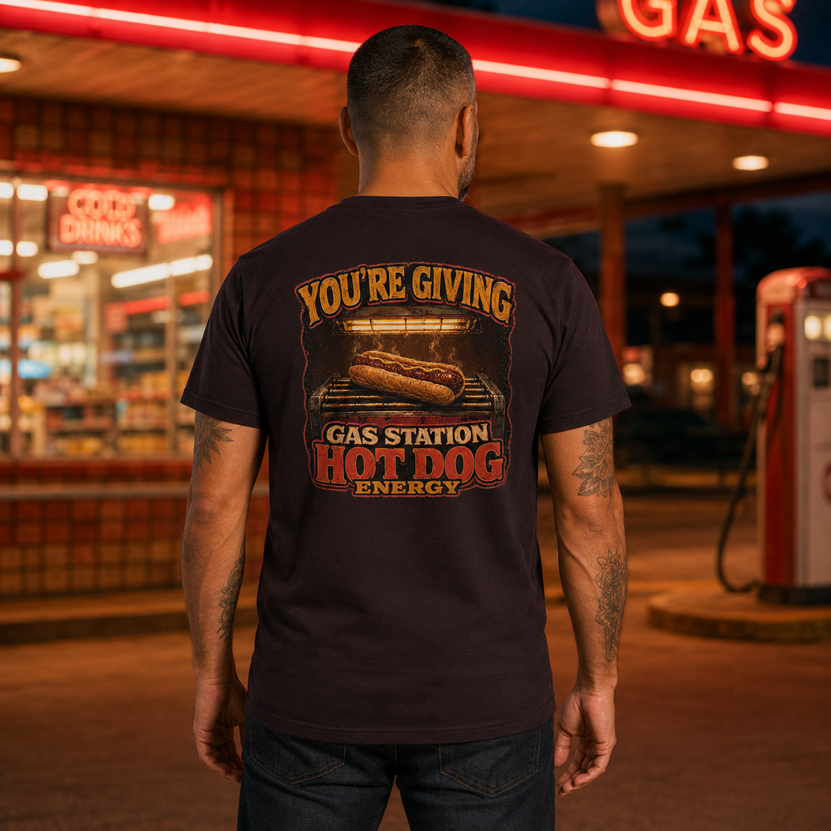 Hotdog Energy Oxblood Black T-shirt back on male model