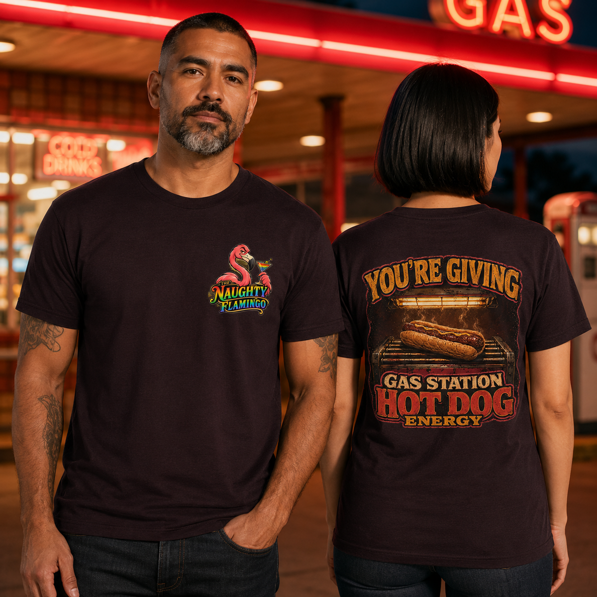 Hotdog Energy Oxblood Black T-shirt front and back on male and female models