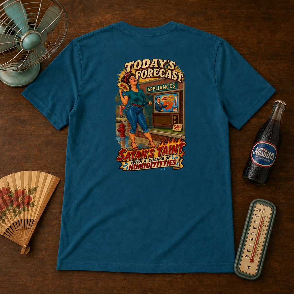 Deep Teal Humidititties unisex graphic T-shirt back staged in a retro heatwave flat lay