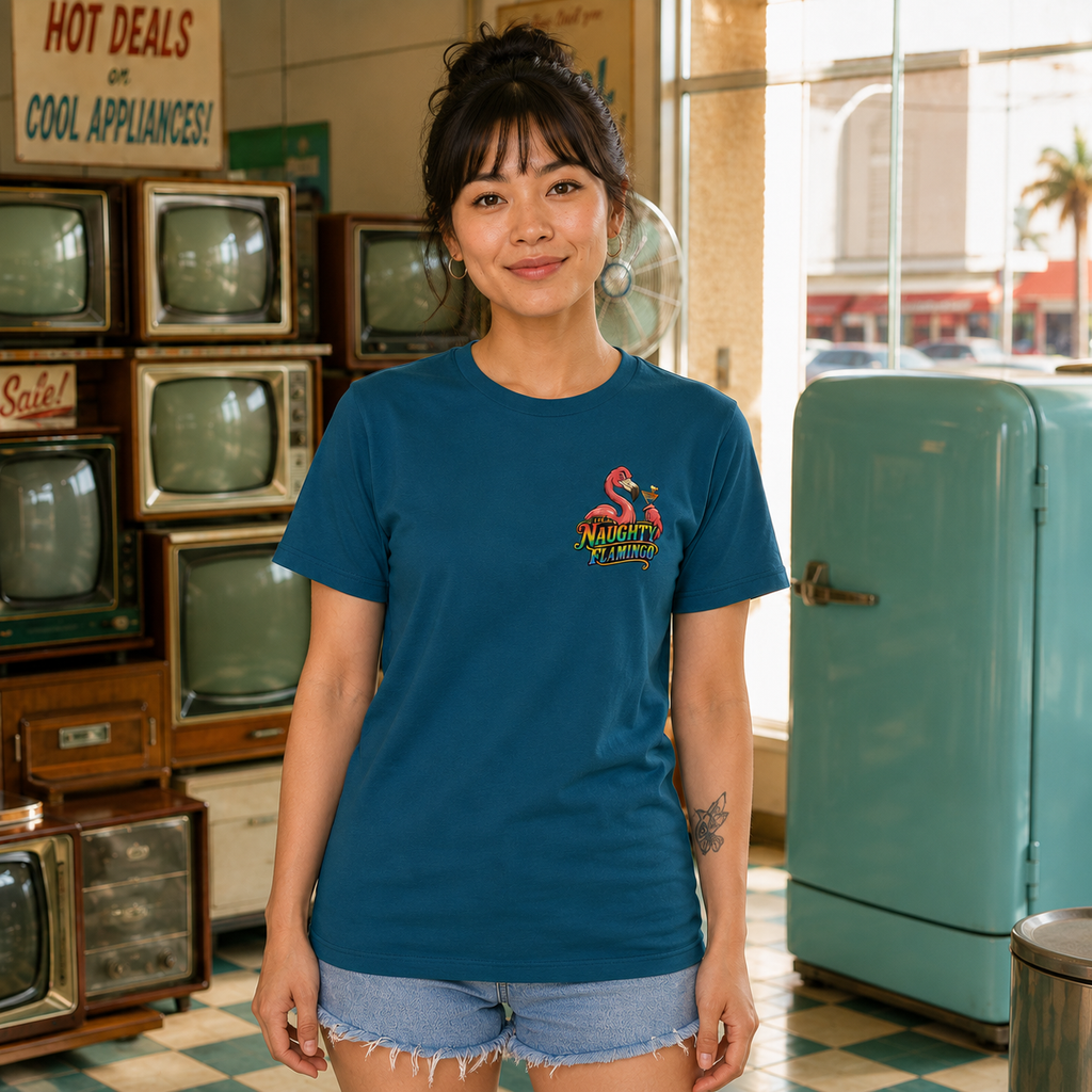 Female model wearing the Humidititties unisex graphic T-shirt in Deep Teal, front view