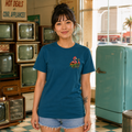 Female model wearing the Humidititties unisex graphic T-shirt in Deep Teal, front view